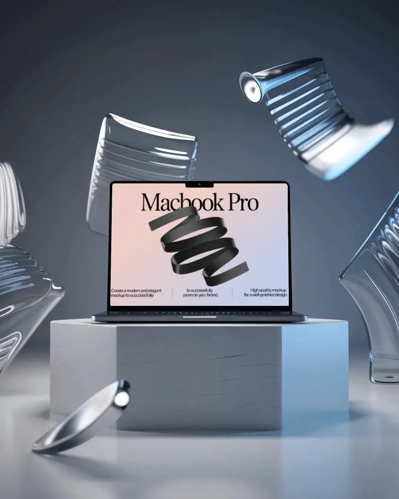 Macbook Pro M5 Mockup On Sculpted Pedestal With Floating Glass Forms And Cool Futuristic Light