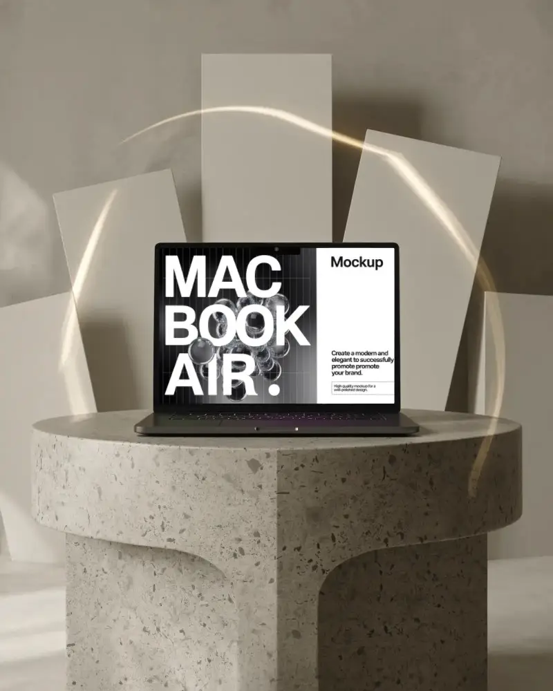 Macbook M3 Air Mockup On Textured Stone Table With Glowing Light Trails And Modern Art Panels