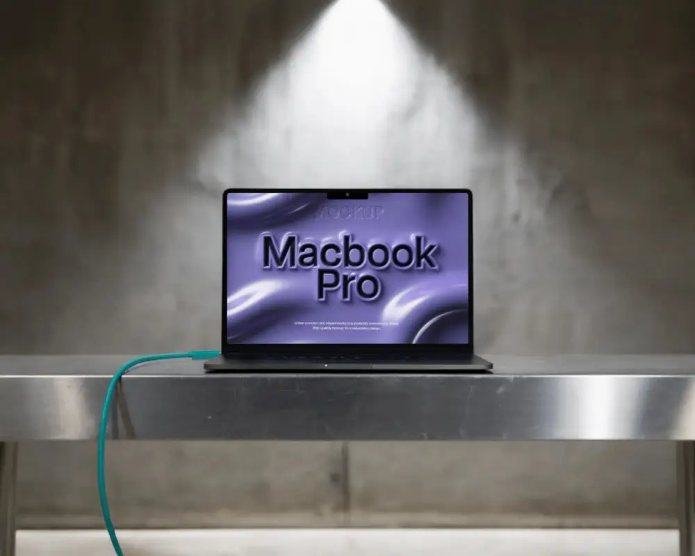 Macbook M3 Pro Mockup On Stainless Table With Focused Overhead Light And Industrial Atmosphere