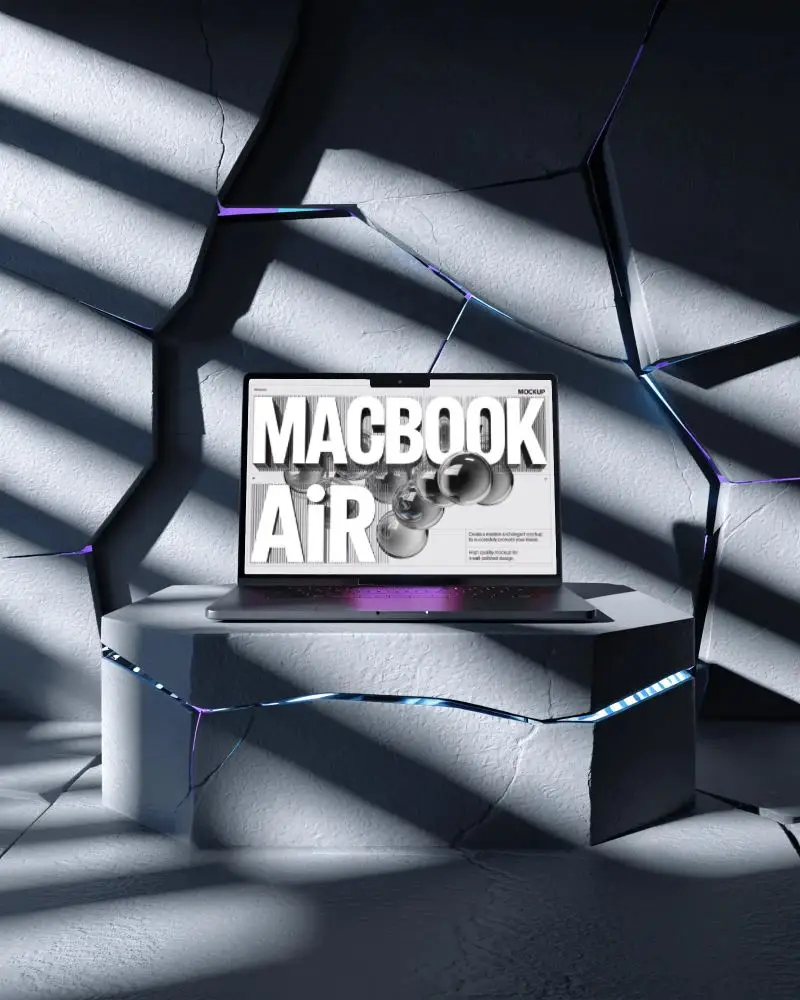 Macbook Air M5 Mockup On Cracked Stone Platform With Dramatic Shadow Lines And Cool Light Glow