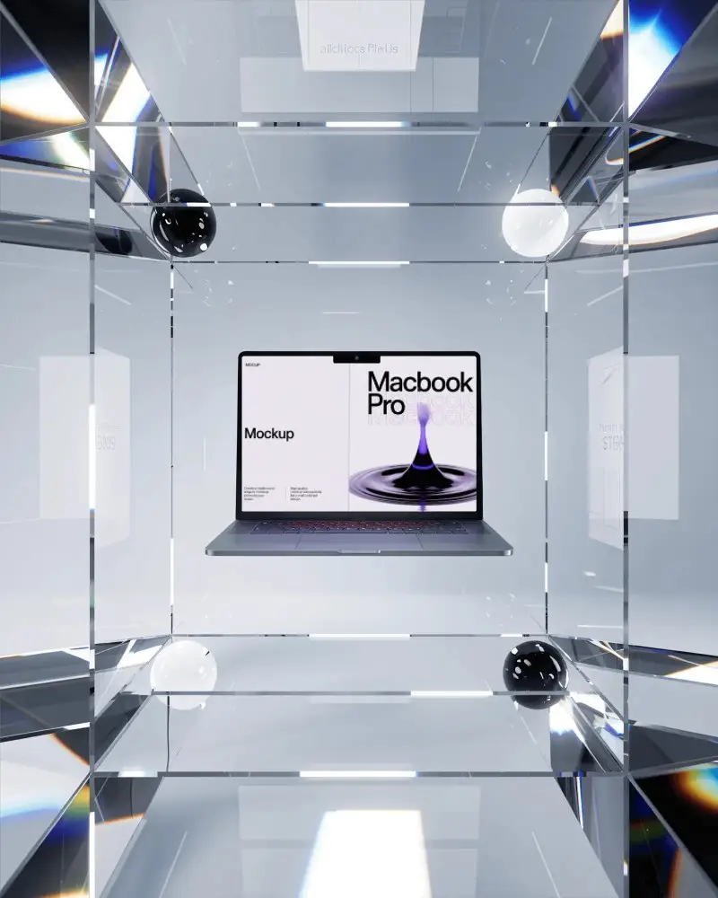 Macbook Pro M2 Mockup Floating In Crystal Cube Room With Prismatic Light And Futuristic Clarity