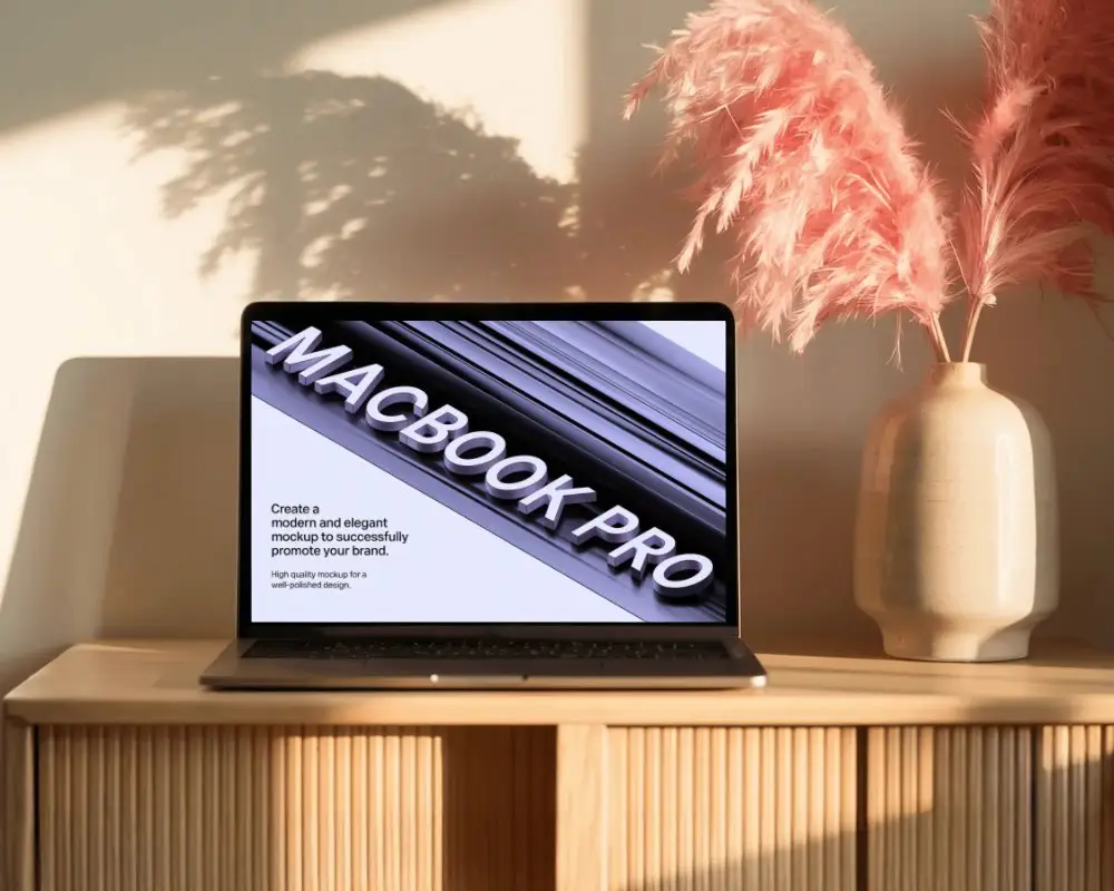 Macbook M1 Pro Mockup On Wooden Sideboard With Warm Sunset Light And Soft Pampas Decor