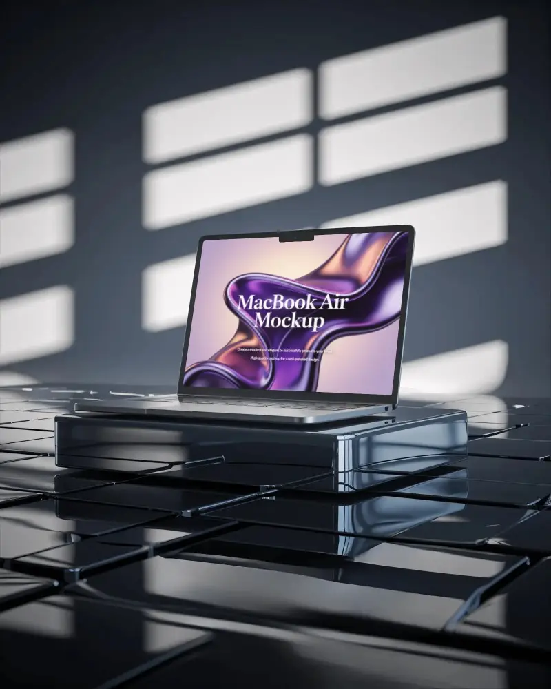 Macbook M2 Air Mockup On Reflective Tile Platform With Dramatic Window Light And Modern Depth