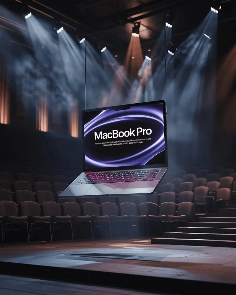 Macbook Pro M2 Mockup Floating On Stage With Dramatic Spotlights And Cinematic Theater Atmosphere