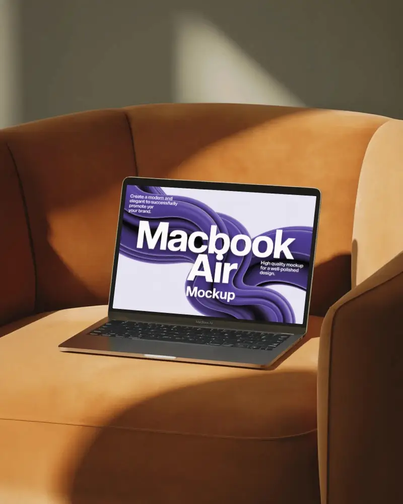 Macbook Air M1 Mockup On Warm Suede Chair With Soft Sunlight And Cozy Minimal Interior Tone
