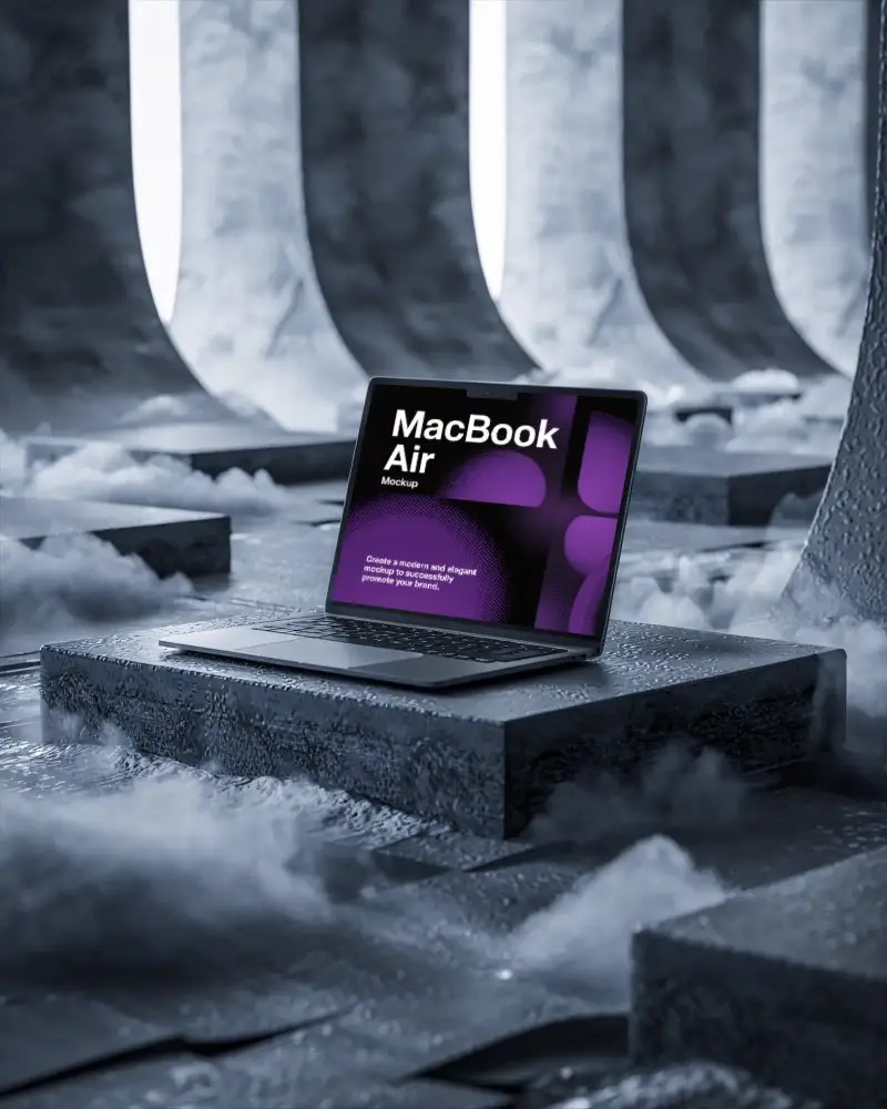 Macbook Air M3 Mockup On Textured Stone Platform With Dramatic Fog And Cool Futuristic Atmosphere