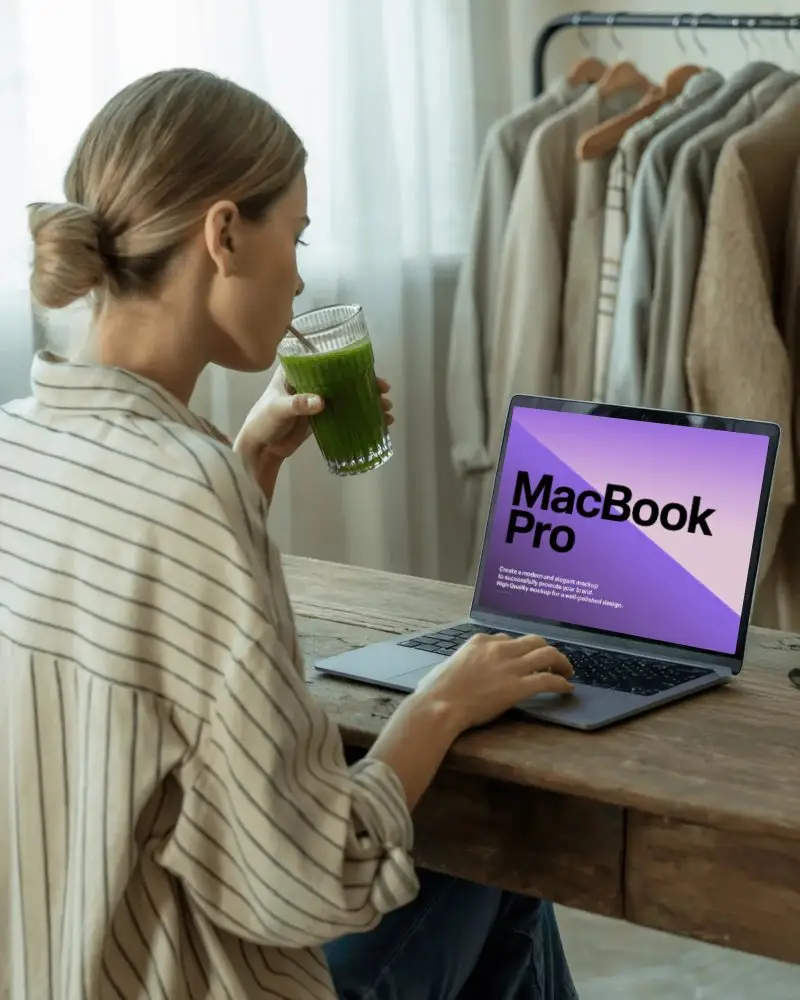 Macbook Pro M1 Mockup With Woman Working And Sipping Green Drink In Cozy Natural Home Setting