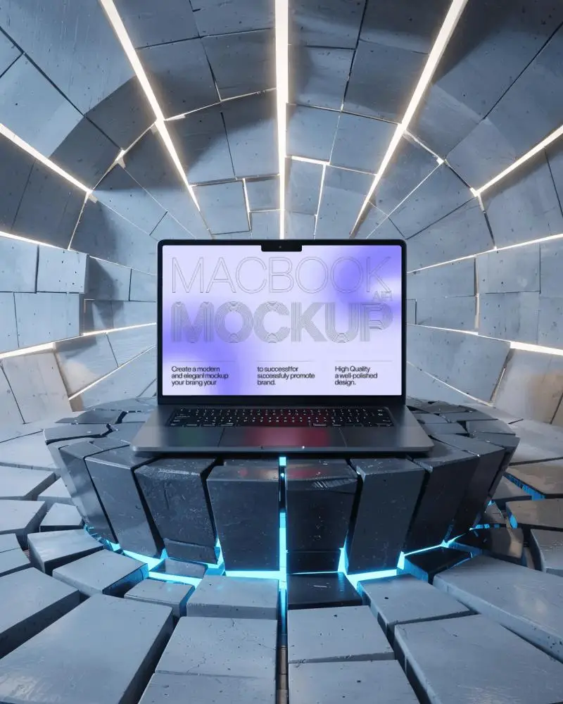 Macbook Air M5 Mockup On Futuristic Stone Platform With Blue Core Light And Tunnel Geometry