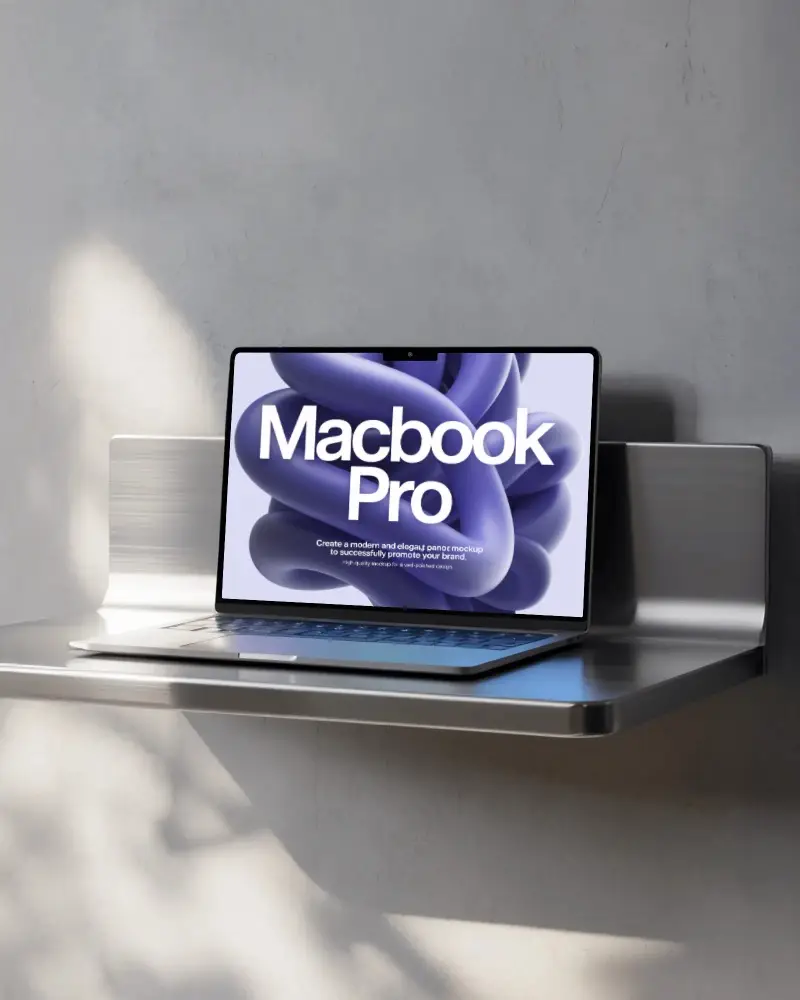 Macbook Pro M5 Mockup On Brushed Metal Shelf With Soft Natural Light And Minimal Modern Tone