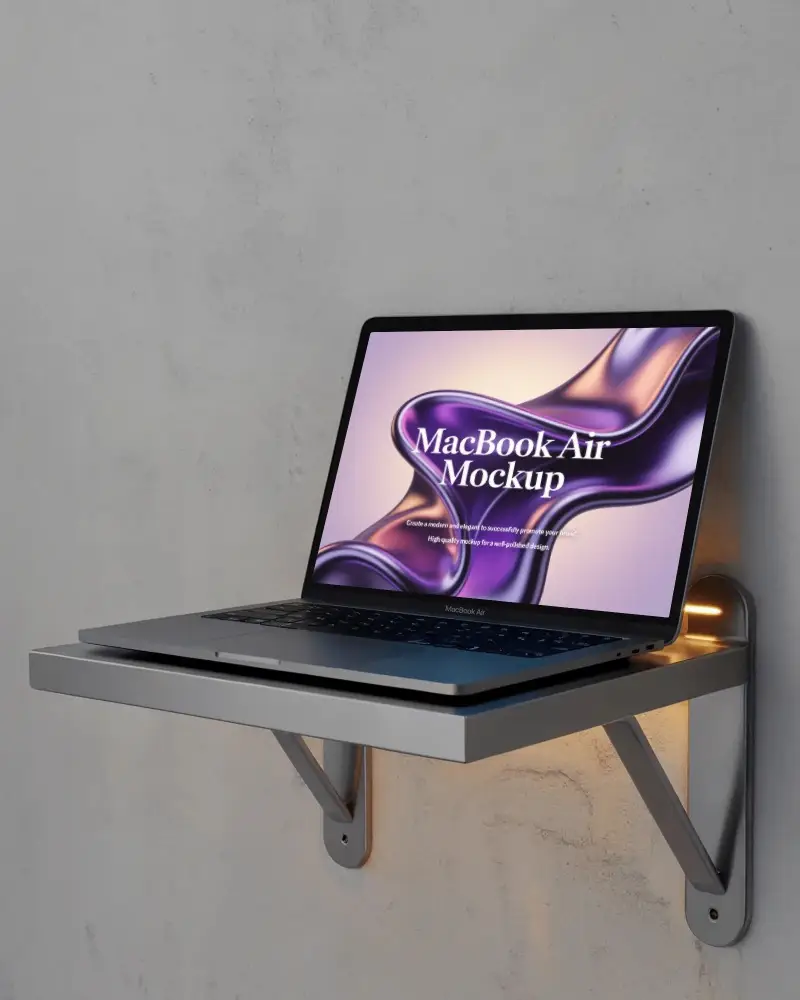 Macbook Air M1 Mockup On Metal Wall Shelf With Soft Backlight And Clean Minimal Industrial Style