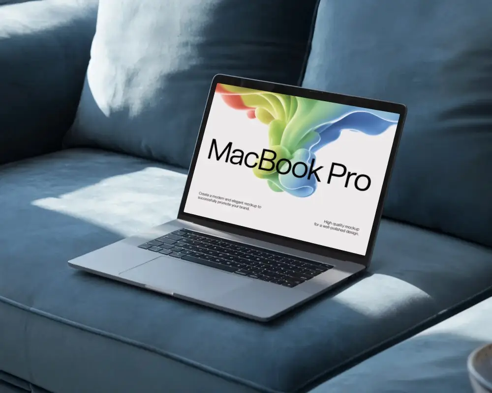 Macbook Pro M1 Mockup On Soft Blue Sofa With Natural Window Light And Cozy Modern Interior Tone