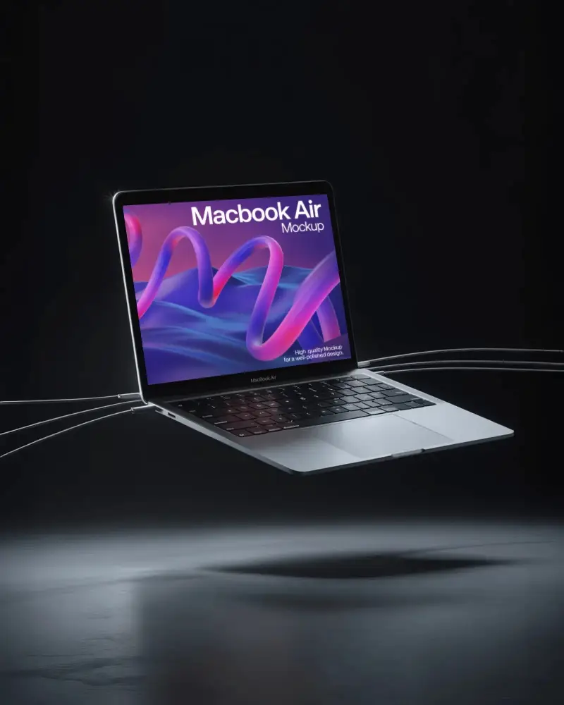 Macbook Air M1 Mockup Floating In Dark Studio With Soft Glow And Sleek Minimal Tech Aesthetic