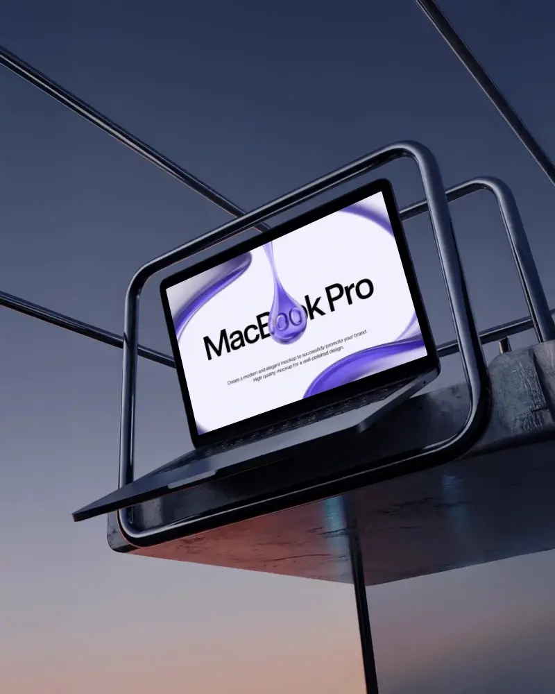 Macbook Pro M1 Mockup In Metal Frame Structure With Dusk Sky Light And Modern Minimal Tone
