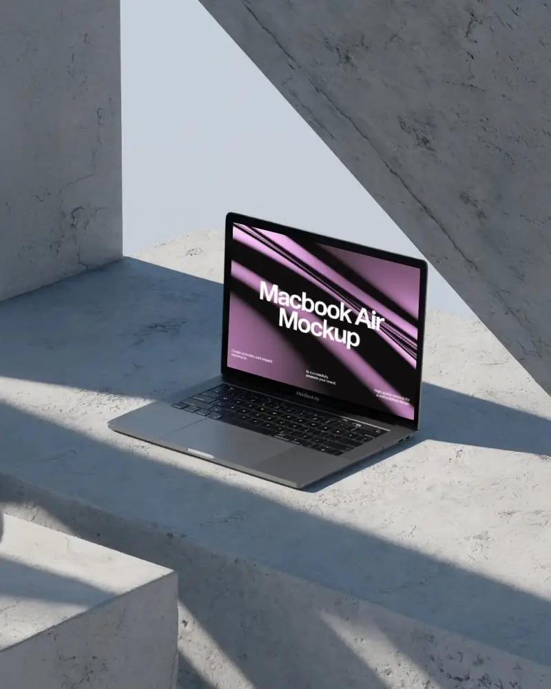 Macbook Air M1 Mockup On Concrete Steps With Soft Sunlight And Clean Minimal Modern Aesthetic