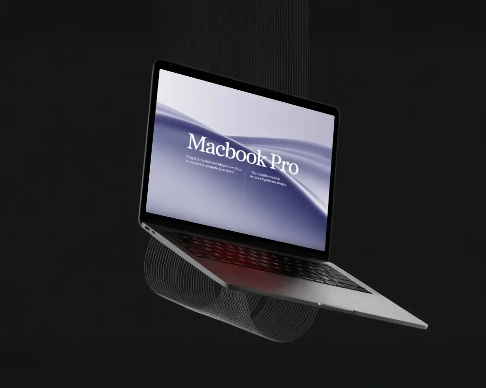 Macbook Pro M1 Floating In Dark Studio With Minimal Line Arcs And Deep Shadow Contrast