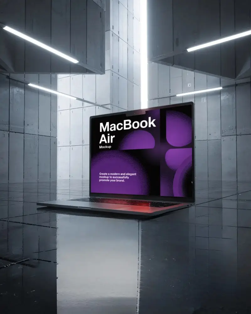 Macbook Air M2 Mockup In Sci Fi Metal Room With Bright Vertical Light Beams And Polished Floor