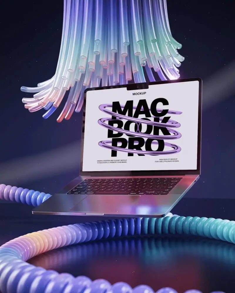 Macbook Pro M5 Mockup Surrounded By Glowing Tubes With Iridescent Neon Light And Futuristic Style