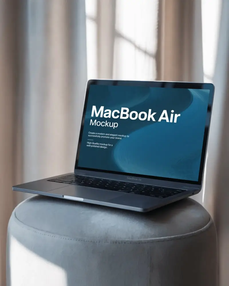 Macbook Air M1 Mockup On Soft Round Stool With Gentle Curtain Light And Minimal Modern Aesthetic
