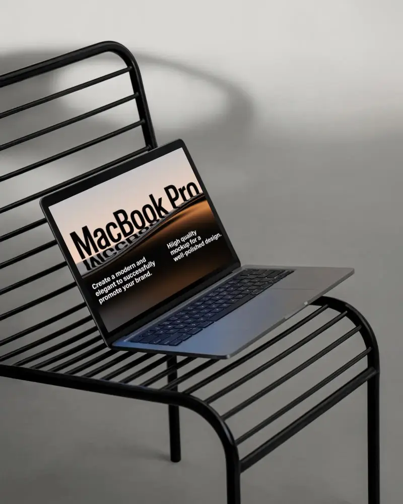 Macbook Pro M1 Mockup On Modern Metal Bench With Soft Studio Light And Clean Minimal Aesthetic
