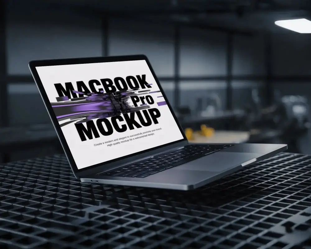 Macbook Pro M1 Mockup On Industrial Grid Table With Moody Lighting And Modern Tech Atmosphere