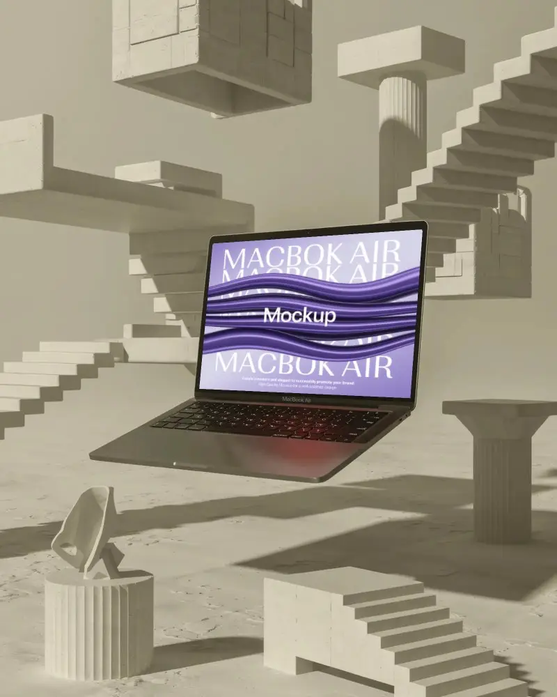 Modern Floating Macbook Air Mockup With Surreal Staircase Background For Showcasing Designs