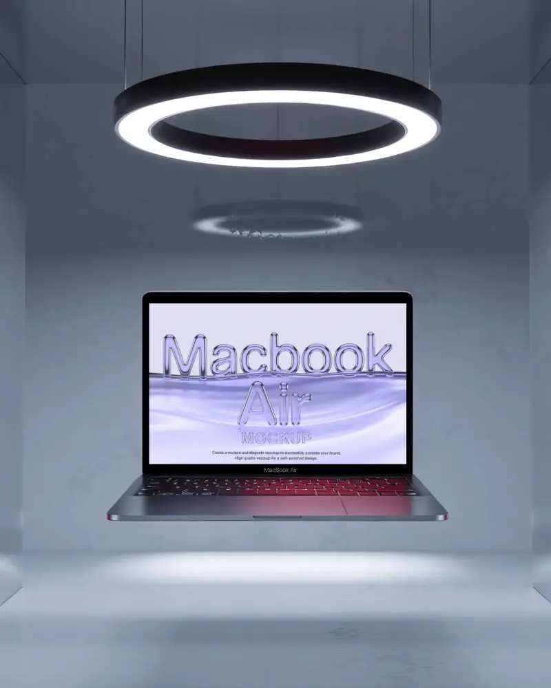 Sleek Minimalist Macbook Air Mockup Floating In Modern Lightbox Showcase For Design Presentations
