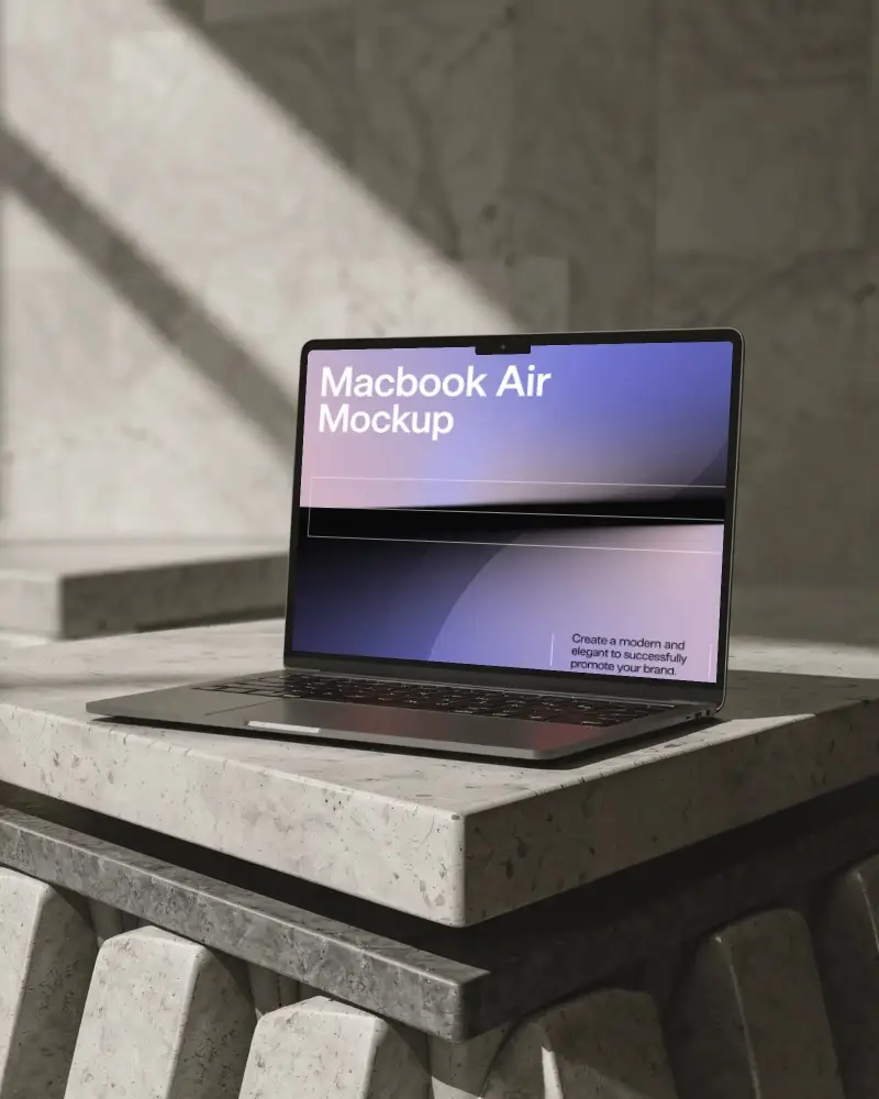 Sleek Minimalist Macbook Air M4 Mockup On Stone Platform With Natural Light And Shadows
