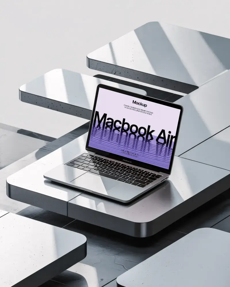 Sleek Modern Macbook Air Mockup On Abstract Rectangular Platform Minimalist Technology Display