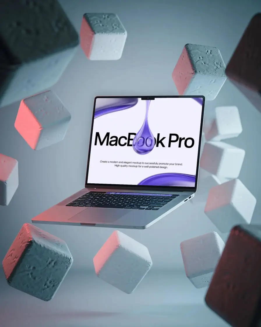 Professional Macbook Pro M3 Mockup With Abstract Cube Elements Isolated On Neutral Background