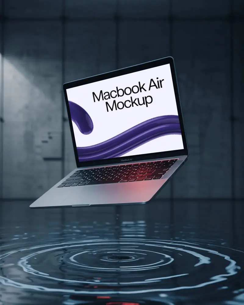 Sleek Modern Macbook Air M1 Floating Above Rippled Water Surface With Dark Industrial Background