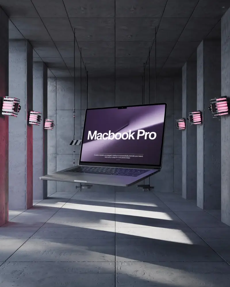 Professional Floating Macbook Pro M4 Mockup In A Dark Ambient Studio Showcasing Digital Devices