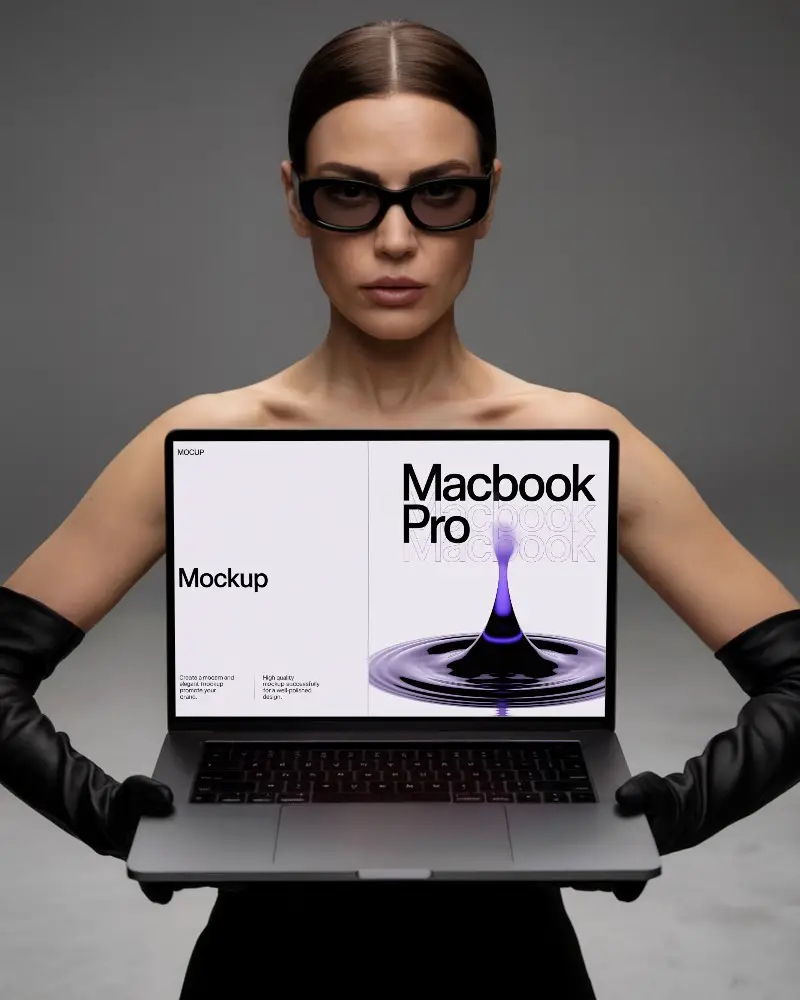 Dark Studio Floating Macbook Pro M1 Mockup With Female Model Holding Laptop In Cinematic Light