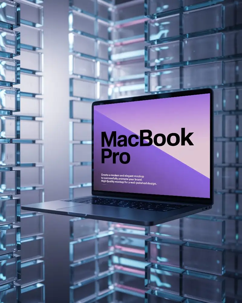 Macbook M1 Pro Levitating Laptop Mockup Minimal White Grid Room