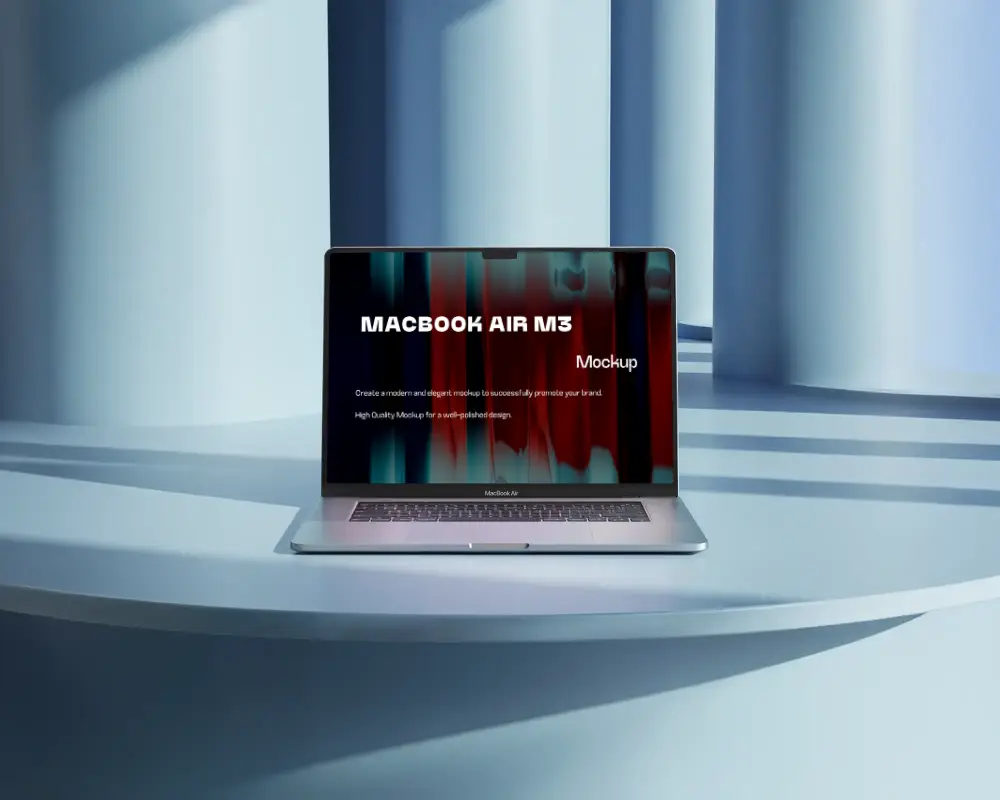 Macbook Air M3 Mockup In Curved Sleek Blue Modern Architectural Niche Soft Shadows Clean Minimalistic Design