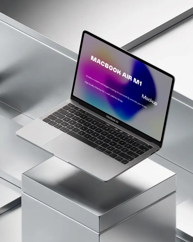 Macbook Air M1 Floating Above Silver Pedestal On Metallic Geometric Background Clean And Modern Tech Display