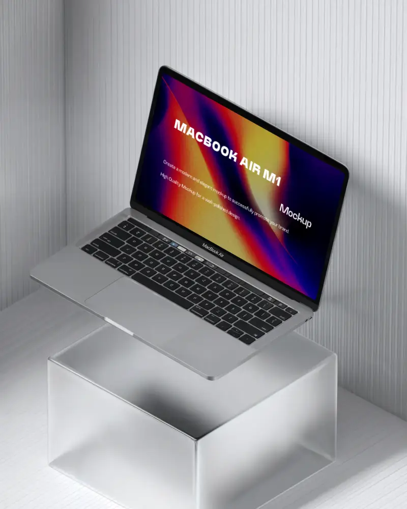 Macbook Air M1 Floating Above Transparent Glass Pedestal With Striped White Wall Background Minimalistic Modern Tech Scene