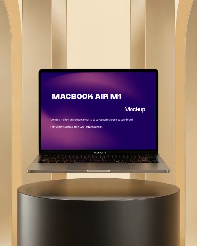 Macbook Air M1 Levitating Black Podium Golden Arches Backdrop Luxurious Display
