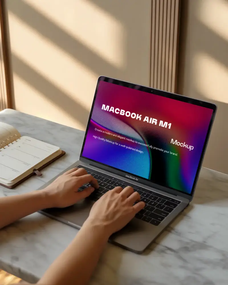Macbook Air M1 Marble Desk Hands Typing Open Notebook Sunlight Panel Wall Background