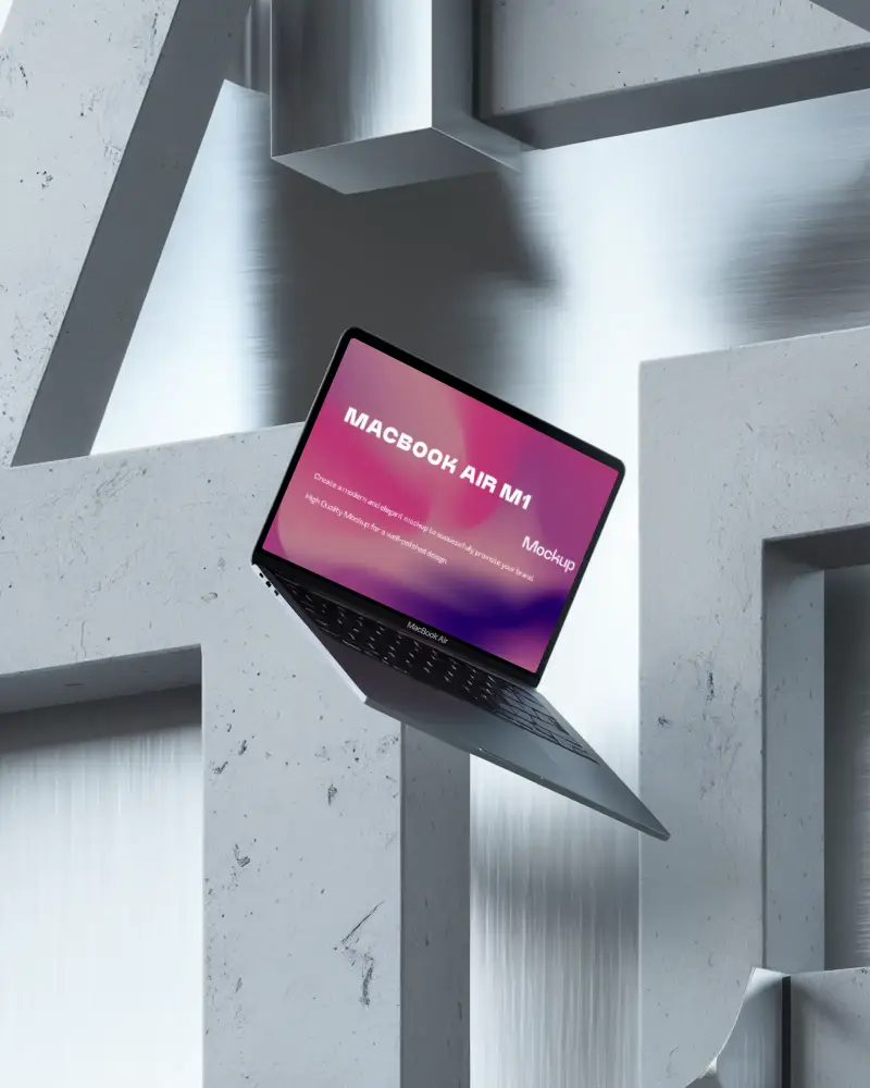 Macbook Air M1 Mockup Angled Floating View Against Concrete And Metallic Geometric Architecture Futuristic Cool Tone Lighting