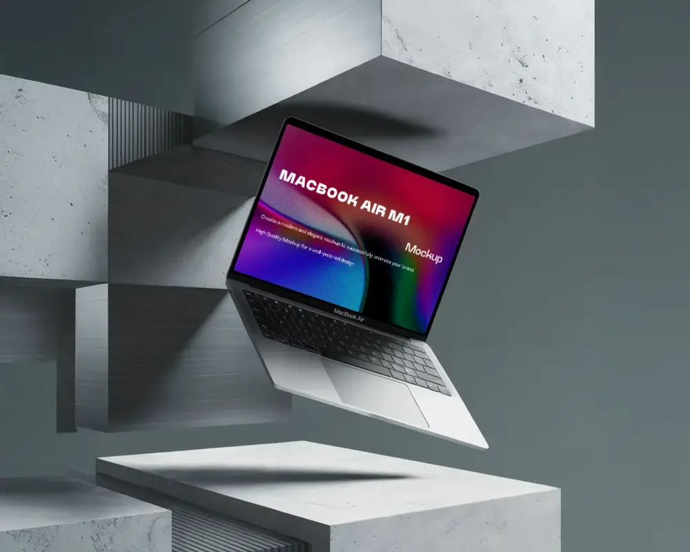 Macbook Air M1 Mockup Floating Display Amidst Minimalist Concrete Geometry Moody Lighting Angled Perspective Futuristic Visual Style