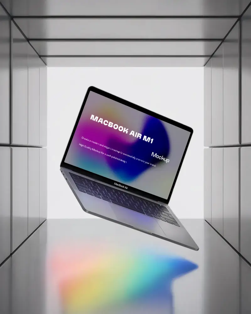 Macbook Air M1 Mockup Floating In Metallic Room Rainbow Reflection On Floor Futuristic Studio Lighting Modern Tech Display