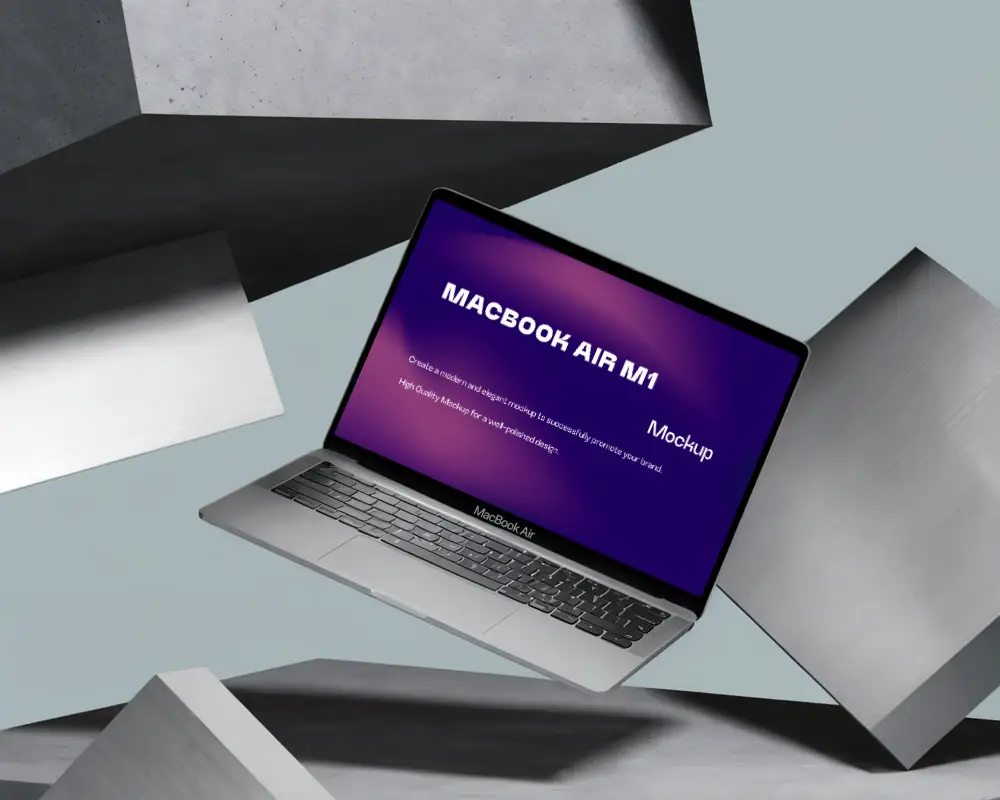 Macbook Air M1 Mockup Floating Metallic Shapes Minimalist Blue Grey Backdrop Modern Abstract Display Conceptual Lighting
