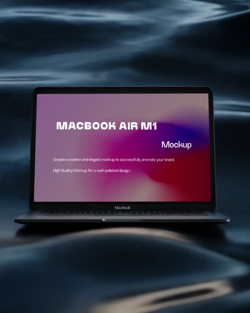 Macbook Air M1 Mockup Floating On Dark Glossy Liquid Surface With Gentle Ripples And Soft Highlights Serene And Futuristic Mood