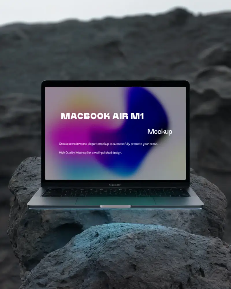 Macbook Air M1 Mockup Floating Over Porous Volcanic Rocks With Subtle Blue Underglow And Dusk Horizon Moody And Natural Scene