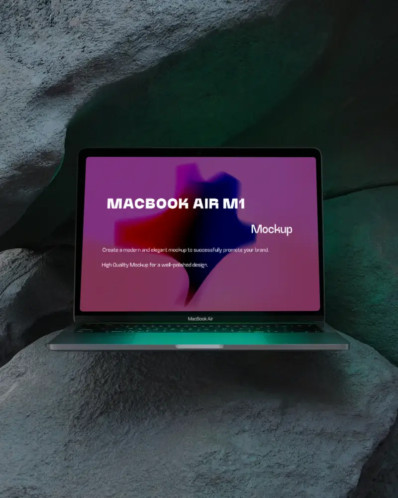 Macbook Air M1 Mockup Hovering In Moody Rocky Cave With Green Underglow And Shadowed Textures Mysterious And Modern Vibe