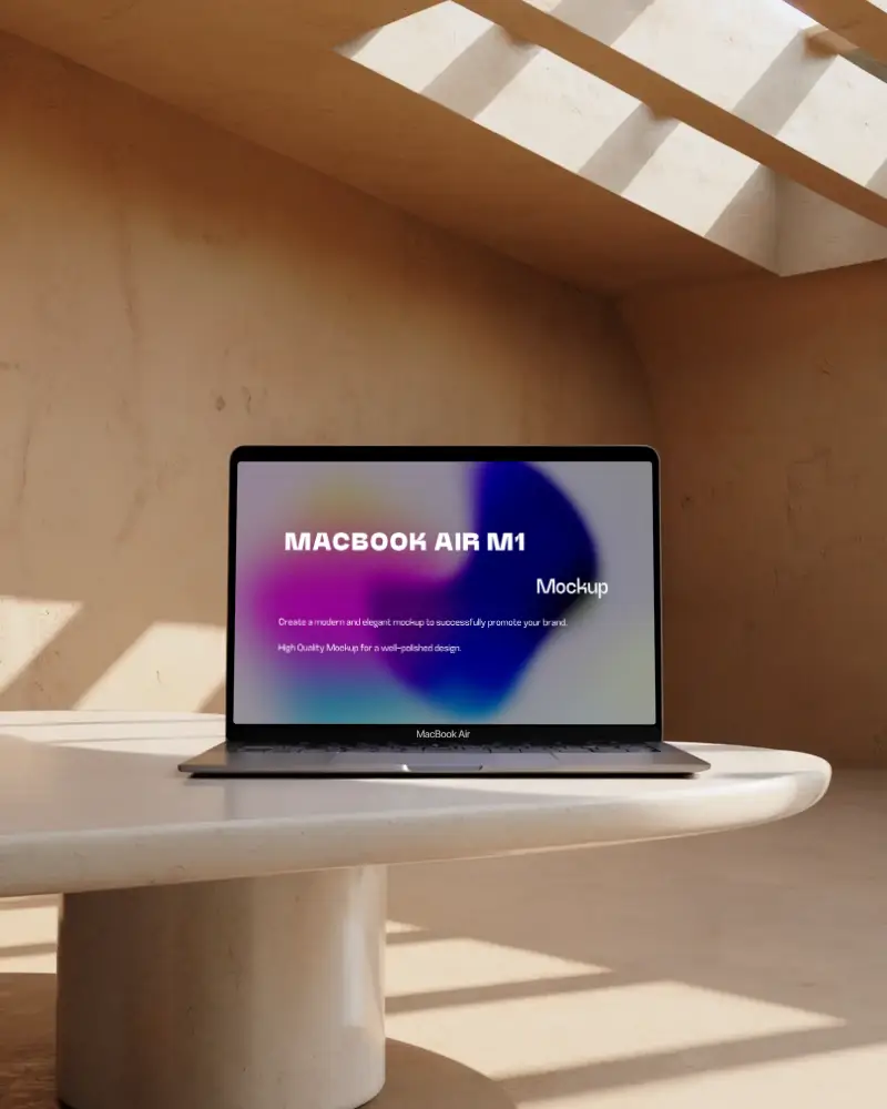 Macbook Air M1 Mockup In Arched Sunlit Room With Earth Tones Sculpted Table Curved Wall Calm And Natural Lighting Minimalist Design