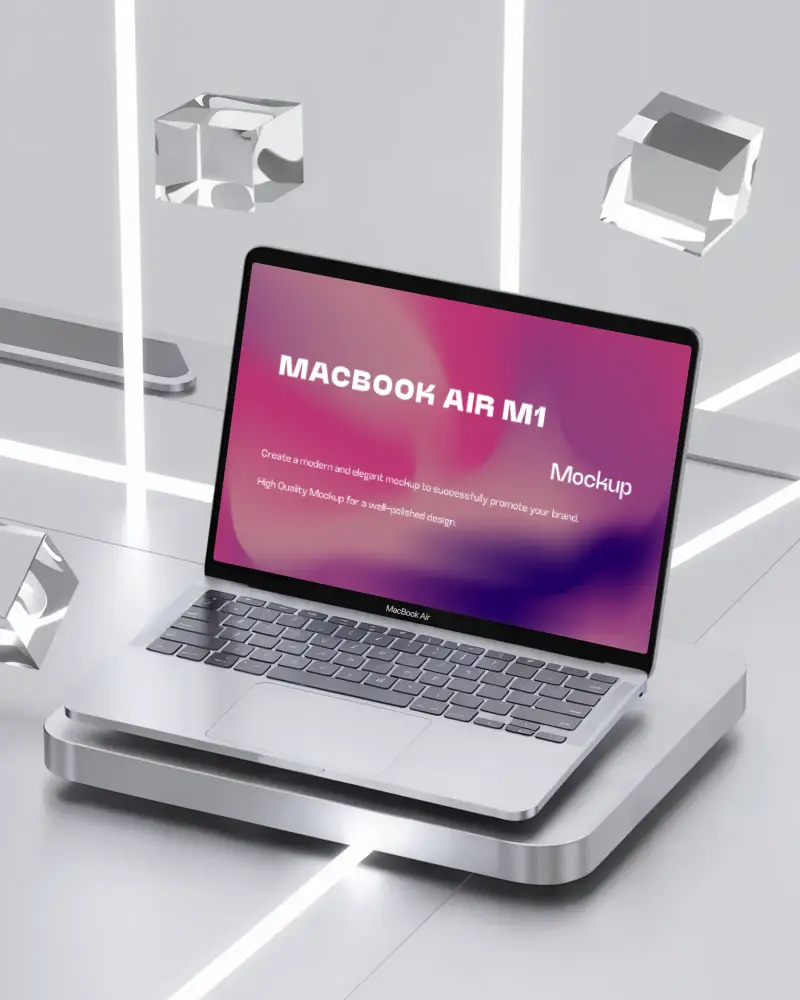 Macbook Air M1 Mockup In Futuristic Minimalist Silver White Studio With Floating Glass Cubes And Led Light Lines Modern Tech Ambience