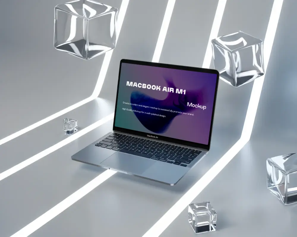 Macbook Air M1 Mockup In Futuristic Minimalist Studio With Floating Glass Cubes And Led Light Lines Cool Silver Blue Tones Modern Tech Ambience