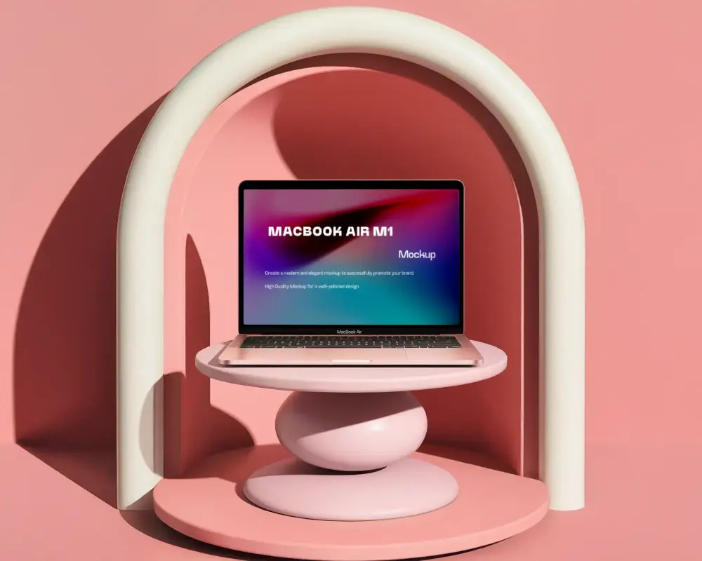 Macbook Air M1 Mockup In Modern Arched Display Niche With Pink And Ivory Tones Round Platforms Soft Shadows Minimal Aesthetic