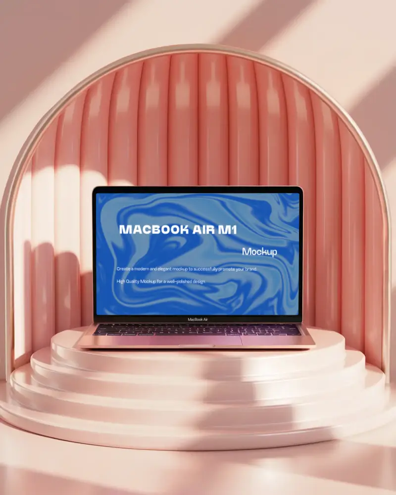 Macbook Air M1 Mockup In Modern Arched Pink Display Niche With Layered Round Platforms Soft Shadows Minimal Aesthetic
